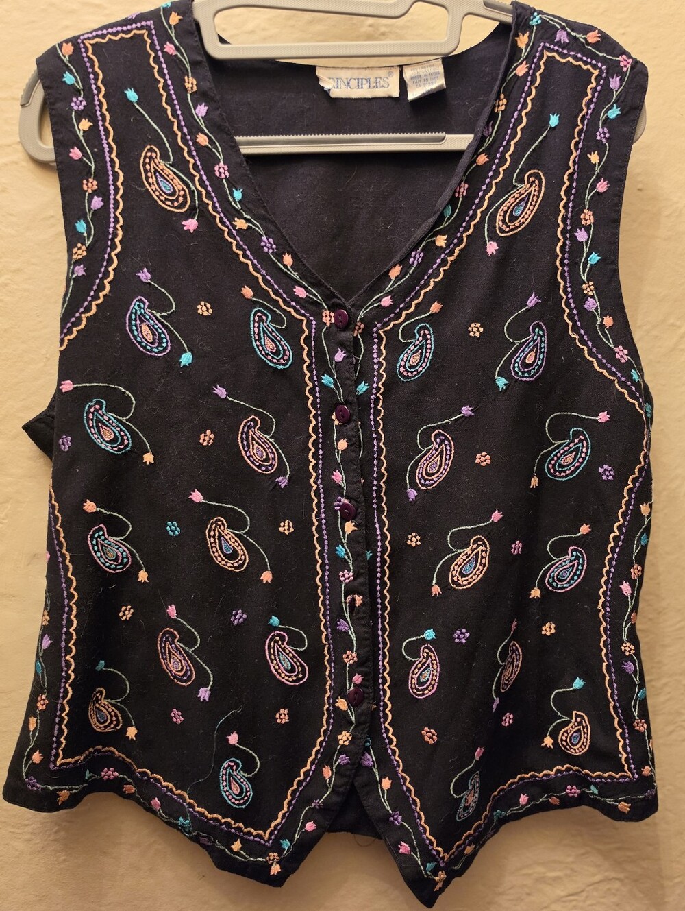 Vintage 90s Principles Black Rayon Embroidered Paisley Boho Vest Waistcoat